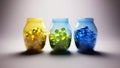Pieces of glass or crystal in green, yellow and blue inside glass bottles - AI Generator