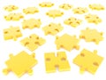 Pieces of gold-colored puzzles scattered on white Royalty Free Stock Photo