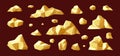 Pieces of golden ore set. Precious stones of various shapes with fossil materials mining for decoration production