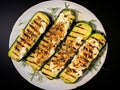 Pieces of grilled zucchini on a rectangular piece of bread spread with cheese