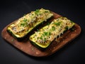 Pieces of grilled zucchini on a rectangular piece of bread spread with cheese