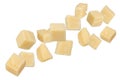 Pieces of hard parmesan cheese isolated on white background. Pieces of square-shaped parmesan on a white background Royalty Free Stock Photo