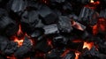 Pieces of hot smoldering coal as background, top view. Generative AI