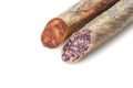 Pieces of Iberian Salami Sausage and Spanish chorizo sausage Royalty Free Stock Photo