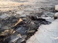 Pieces of ice floes on shore stones by a freezing lake