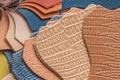 Pieces, leather samples different colors and textures, industry concept Royalty Free Stock Photo