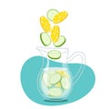 Pieces Of Lemon And Cucumber Fall Into Water Jug. Cool Fresh Lemonade In Glass Pitcher. Summer Drink. Cold Detox Water