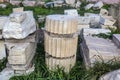 Pieces of marble and pillars stacked and organized by archologists for reconstruction near the Parthenon on the Accropolis in Athe Royalty Free Stock Photo