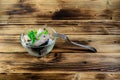 Pieces of the marinated carp in bowl on wooden table Royalty Free Stock Photo