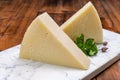 Pieces of matured pecorino romano italian cheese made from sheep milk in Lazio, Sardinia or Tuscany Royalty Free Stock Photo