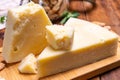 Pieces of matured pecorino romano italian cheese made from sheep milk in Lazio, Sardinia or Tuscany Royalty Free Stock Photo