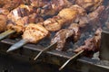 Pieces of meat are friend on fire on skewers on grill. close up Royalty Free Stock Photo