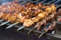 Pieces of meat are friend on fire on skewers on grill. close up Royalty Free Stock Photo