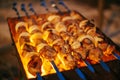 Pieces of meat are friend on fire on skewers on grill. close up Royalty Free Stock Photo