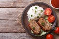 Pieces of meat loaf and rice, vegetables on a plate top view Royalty Free Stock Photo