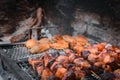 Pieces of meat, vegetable skewers and empanadas on the grill at a typical argentinian barbecue.