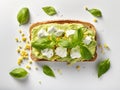 pieces of mozzarella on the rectangular slice of bread spread with avocado cream Royalty Free Stock Photo