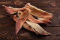 Pieces of peruvian squid fried snack for beer on wooden background