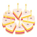 Pieces of pie cake with candles. Birthday celebration. Cut whole cake and its slice parts split up. Isometric view