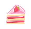 Piece of cake with strawberrie. Pink jam cream red topping jelly. Sweet dessert. Vector illustration. Hand drawn sketch.