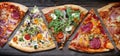 Pieces of pizza of different various types banner on old retro boards still life concept Royalty Free Stock Photo