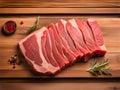 Pieces of pork meat with rosemary and thyme leaves on wood plate, raw fresh pork neck meat steaks concept