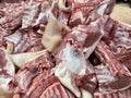 Pieces of pork meat for sale in local market. Food culture. Background, texture