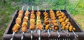 Pieces of pork with onions and champignon mushrooms on skewers are grilled close-up Royalty Free Stock Photo