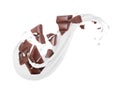 Pieces of porous chocolate with milk splashes on white Royalty Free Stock Photo