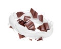 Pieces of porous chocolate are in splashes of milk on white Royalty Free Stock Photo