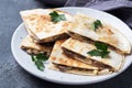 Pieces of quesadilla with mushrooms sour cream and cheese on a plate with parsley leaves. Concrete background close up.