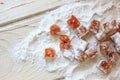 Pieces of quince jam in sugar powder. Royalty Free Stock Photo