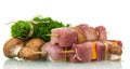 Pieces of raw pork, vegetables on wooden skewers and mushrooms, Royalty Free Stock Photo