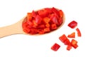 pieces of red sweet bell pepper in wooden spoon isolated on white background. top view Royalty Free Stock Photo