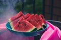 Pieces of ripe juicy watermelon on a plate in the morning for breakfast Royalty Free Stock Photo