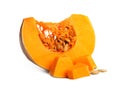 Pieces of ripe orange pumpkin on white background