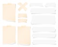 Pieces of ripped brown blank note paper, sticky, adhesive tapes are stuck on white wall Royalty Free Stock Photo