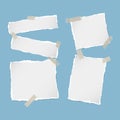 Pieces of ripped white note, notebook, copybook paper strips stuck with sticky tape on squared blue background.