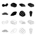 Pieces of salami, turkey fillet, grilled steak, kebab.Meat set collection icons in black,outline style vector symbol