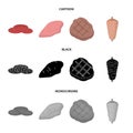 Pieces of salami, turkey fillet, grilled steak, kebab.Meat set collection icons in cartoon,black,monochrome style vector