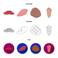 Pieces of salami, turkey fillet, grilled steak, kebab.Meat set collection icons in cartoon,outline,flat style vector