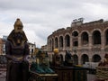 Pieces of set design of the Aida opera are transported to the Arena for a show