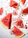 Pieces and slices of watermelon and drops of water on a white background. Levitation and hello summer concept