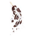 Pieces and splashes of chocolate ice cream fall down on white background Royalty Free Stock Photo