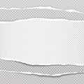 Pieces of stacked torn, white and grey realistic horizontal paper strips with soft shadow are on squared background. Vector