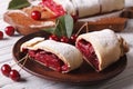 Pieces of strudel with cherry close-up on a plate. horizontal Royalty Free Stock Photo