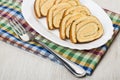 Pieces of swiss roll cake in dish and fork