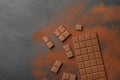 Pieces of tasty chocolate and cocoa powder on grey table, flat lay. Space for text Royalty Free Stock Photo