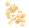 Pieces of tasty hazelnuts falling on white background Royalty Free Stock Photo