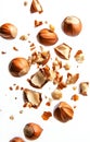 Pieces of tasty hazelnuts falling on white background Royalty Free Stock Photo